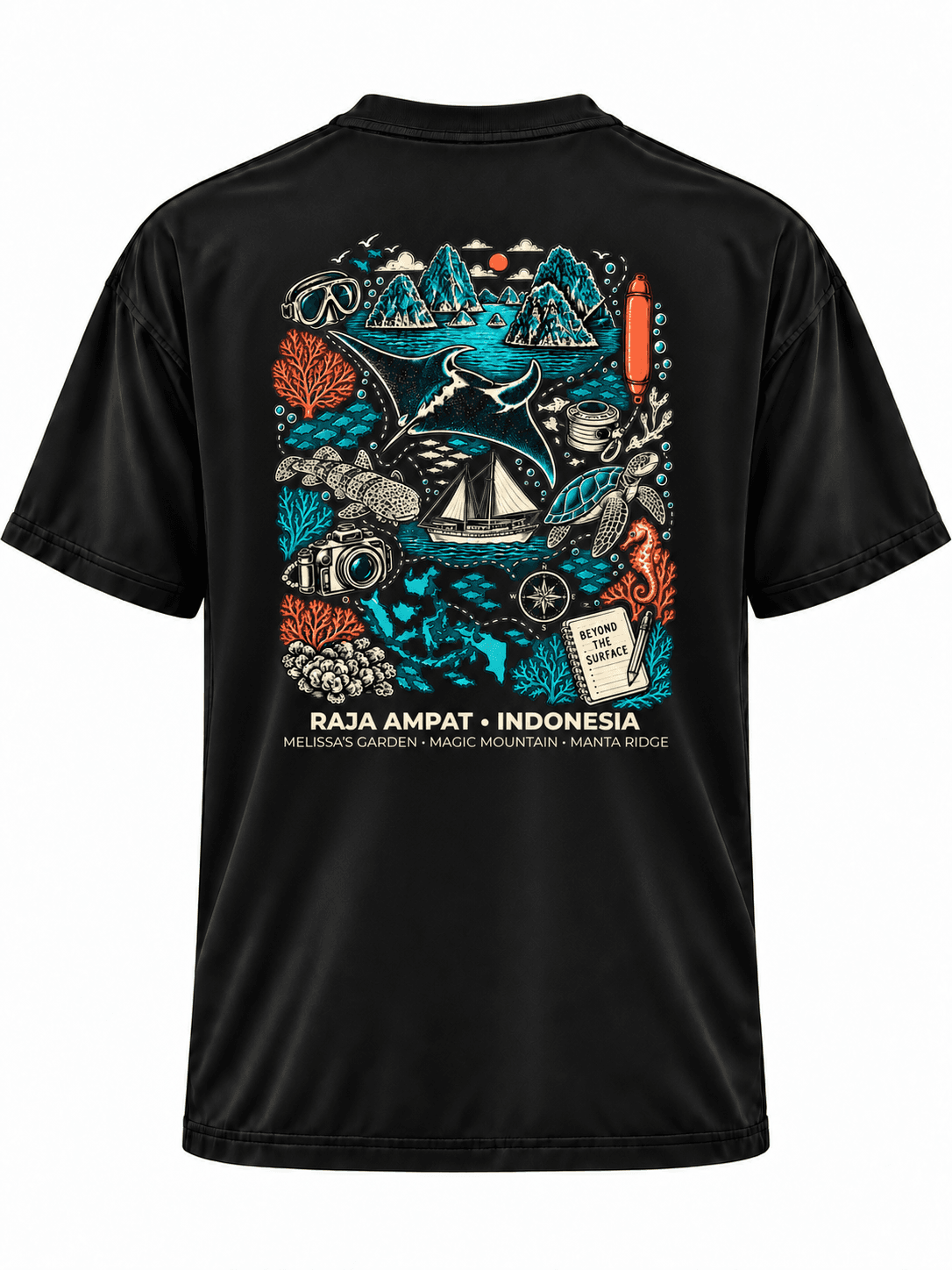 Destination 04: Raja Ampat, Indonesia black Performance tee with full artwork, straight back view