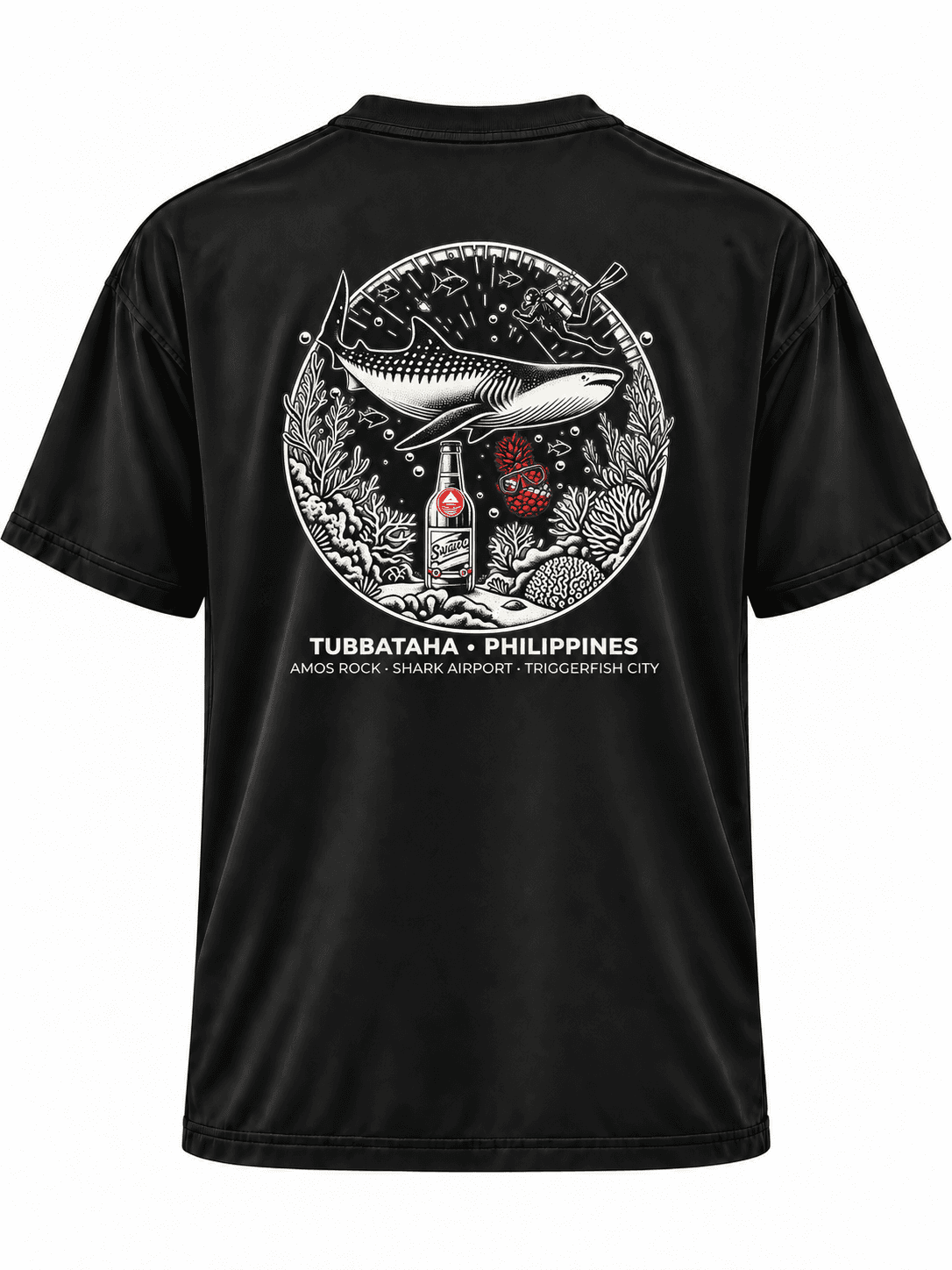Destination 08: Tubbataha, Philippines black Performance tee with full artwork, straight back view